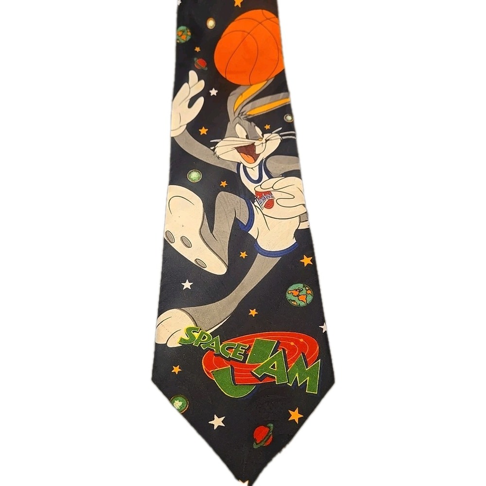 Vintage 1996 Space Jam Silk Tie Bugs Bunny Basketball Navy Blue Warner Bros